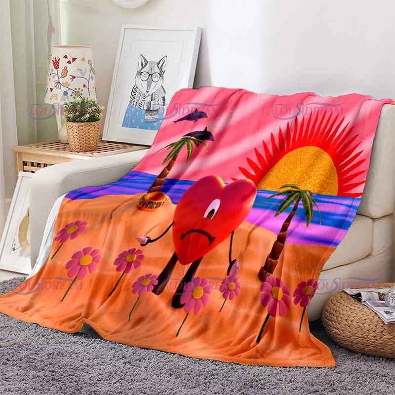 Cartoon Bad Bunny Blanket Flannel Blankets Pop Latin Music Warm Plush Fleece Throw Blankets for Aldult Sofa Bedding All Season