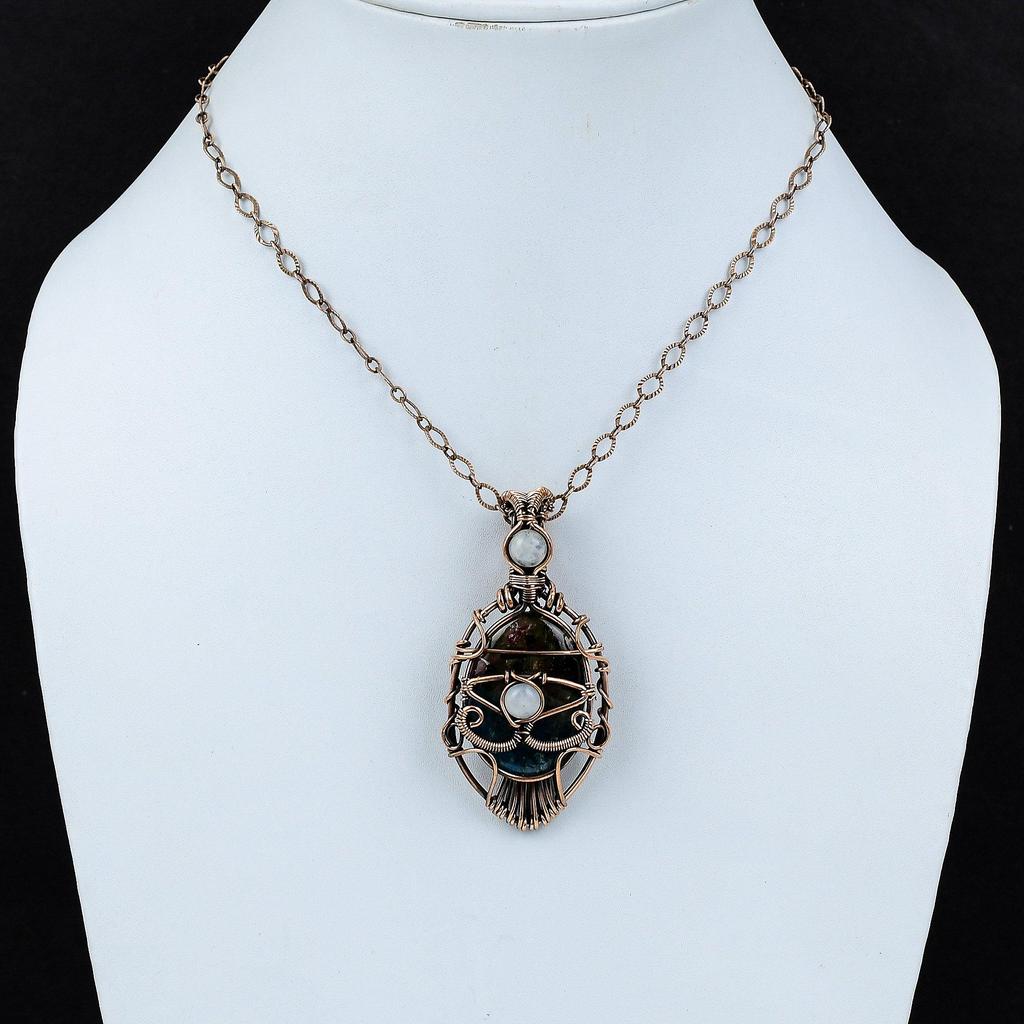 Evil Eye Watermelon Tourmaline Pendant Copper Wire Wrapped Gemstone Pendant Rainbow Moonstone Pendant Handmade Designer Jewelry Gift For Him