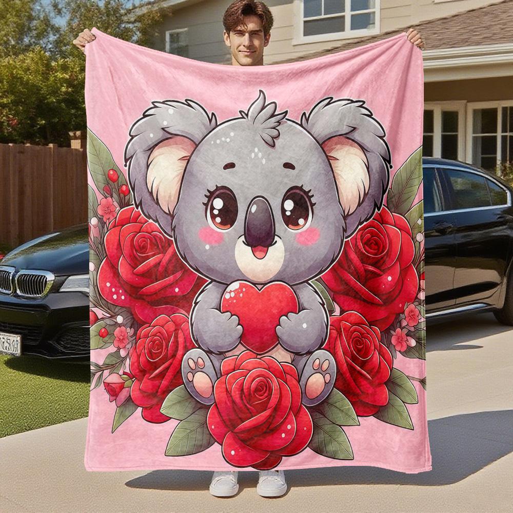 1pc Koala Heart Outdoor Flannel Blanket Soft Warm All-Season Throw for Sofa Bed Car Camping Office, Cozy Gift Idea1322S