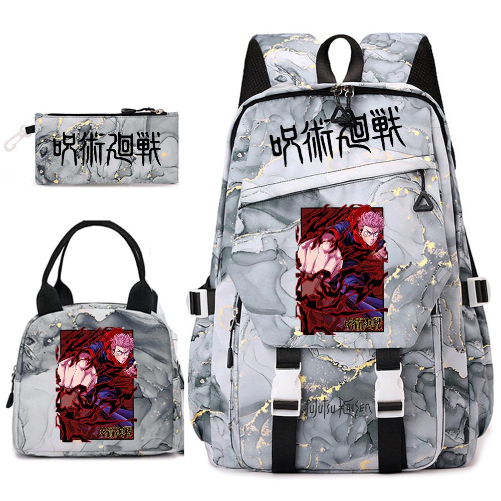Anime Jujutsu Kaisen Backpack Set for Girls 3pcs School Bookbag Lunch Bag Pencil Case Casual Travel Rucksack