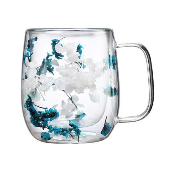 

Кружка из стекла с двойными стенками с сухоцветами, термоизолированная кружка для эспрессо, термостойкое двухслойное стекло для дома, кухни, вечеринки Blue 1