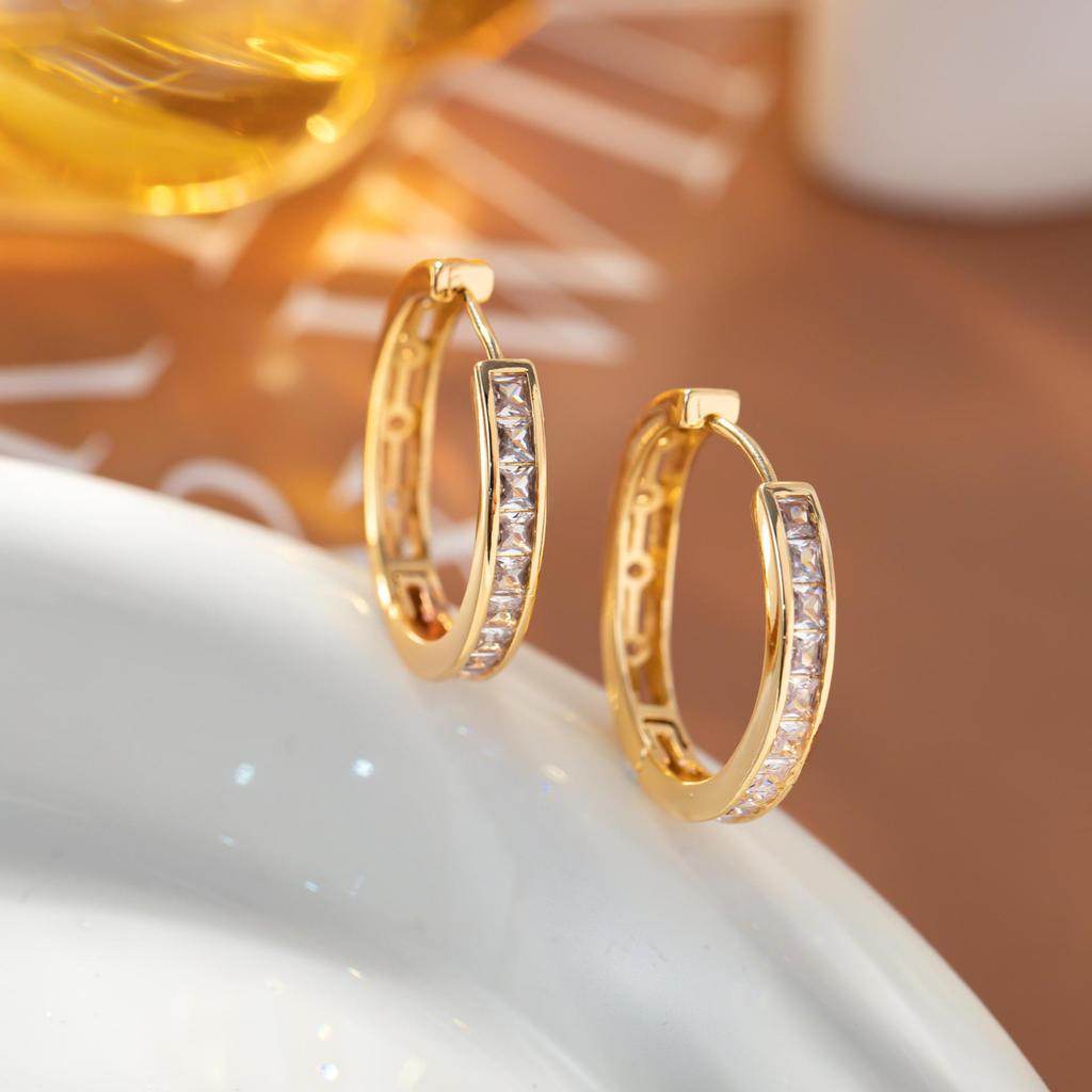 European Classic Women's Large Gold-Plated Hoop Earrings with Rhinestones - Lightweight, Fashionable, Luxurious Studs