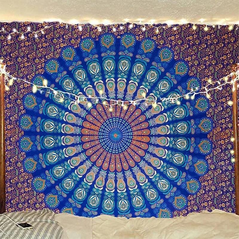 Indischer Hippie Bohemian psychedelisches Goldenes Blau Pfauen Mandala Wandbehang Feine Kunst Heimdekoration Wandteppich