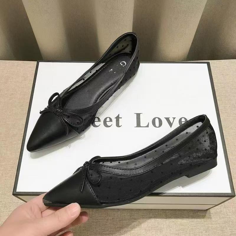 2025 New Pointed Mesh Flat Shoes To Work Breathable Bow Sandals Hollow Soft Sole Shallow Mouth Outer Wear Single Shoes