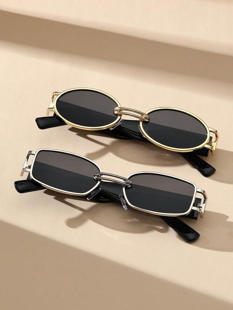 2PCS Classic Fashion Oval Rectangular Metal & Plastic Frame Women Sunglasses For Men Daily Life Shades Eyewear Accessories.