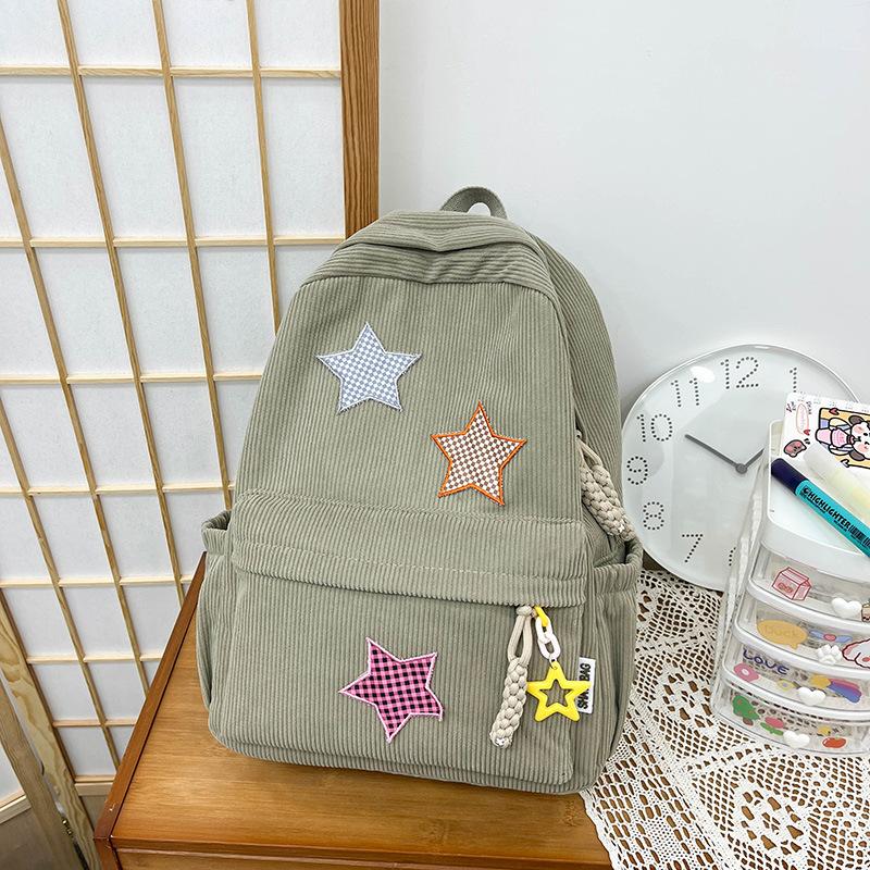 Schoolbag Star School Bag Female Japanese ins Corduroy Vintage Versatile College Wind Backpack High School Student Backpack