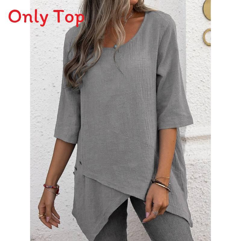 Camicia in Cotone e Lino Stile Bohémien Vestibilità Larga con Design Irregolare per Abbigliamento Casual Primaverile