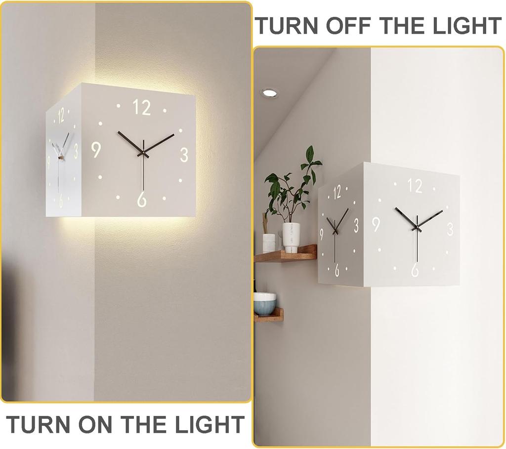 Double Sided Corner Wall Clock, Modern Decorative Art Sensor Luminous for Living Room Decor, Silent Square Digital
