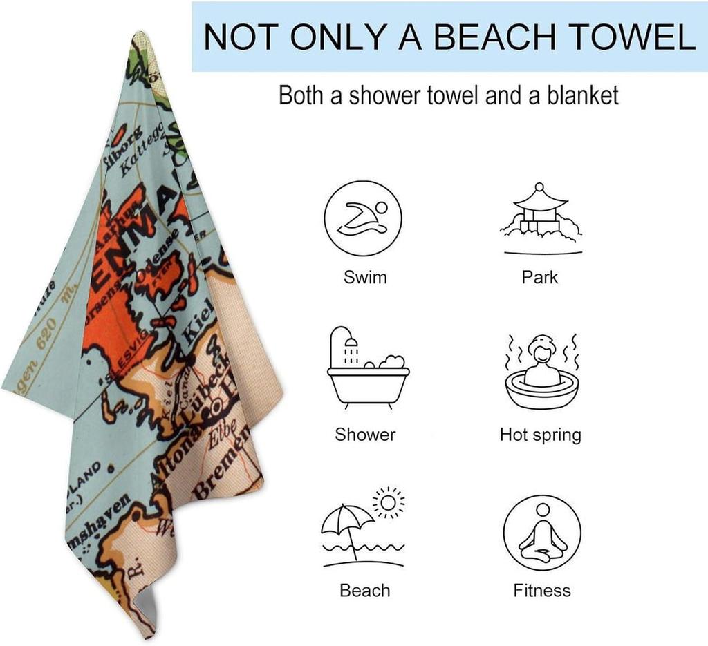 Ręcznik plażowy dla dorosłych, Mapa Danii Ręcznik kąpielowy dla dorosłych Odporny na blaknięcie Kompaktowy Miękki Ręcznik basenowy, Nowoczesny Ręcznik do łazienki Spa Jacuzzi