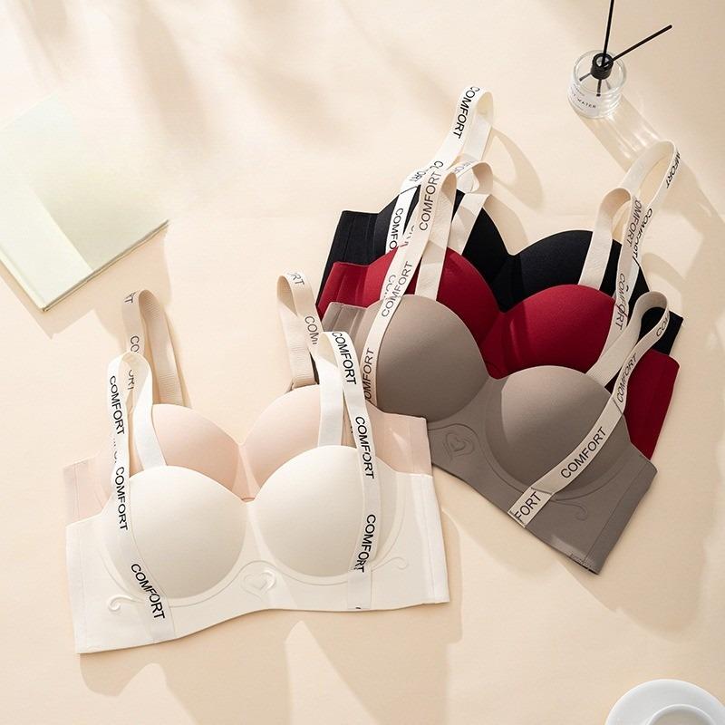 Seamless Push Up Bra with Letters Shoulder Straps Women's Soft Gathered Bra Without Steel Ring