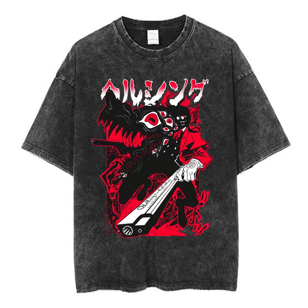 Anime Hellsing Alucard Cool Printing T Shirt Men Vintage Manga Tshirts Washed Cotton Tee Harajuku Male Casual Oversized T-shirt