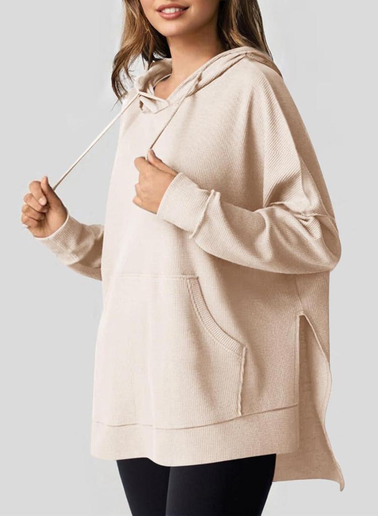 2024 Women's Hooded Waffle Knit Pullover Sweatshirt with Pocket, Long Sleeve, Autumn/Winter