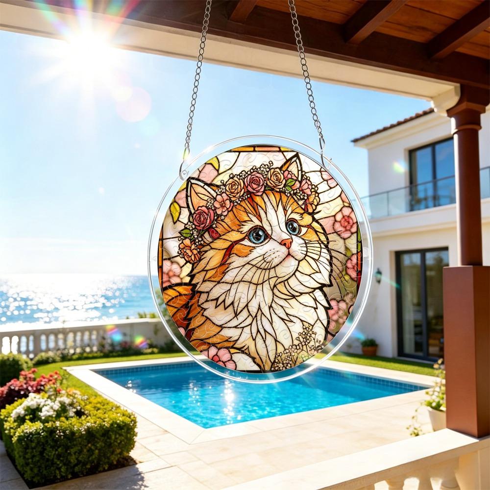 2D Flat, 1set/83pcs 18.8cm Acrylic Jigsaw High-quality Acrylic Suncatcher Jigsaw Puzzle, Featuring a Wreath and Cat Design, a Window Hanging Ornament