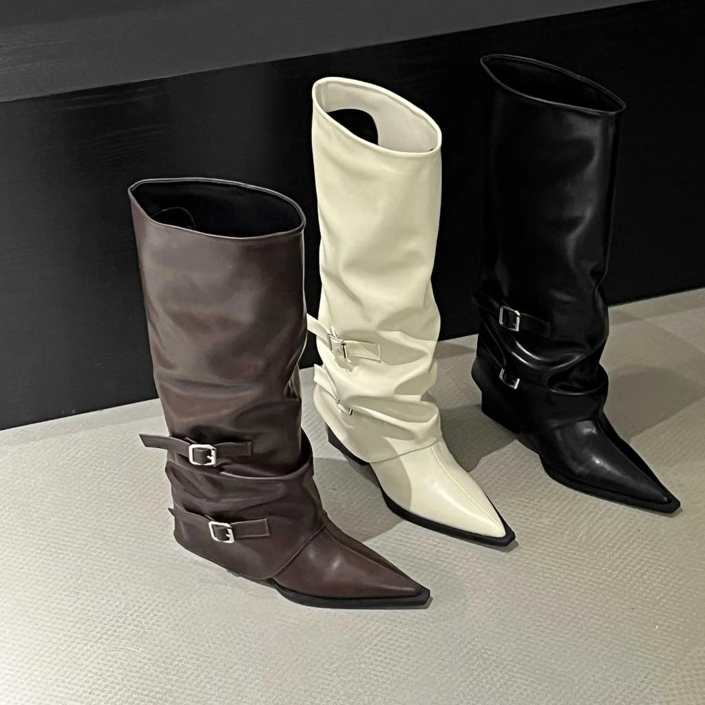 Fashion Spring and Autumn Women's Retro Style Mid-Calf Boots Fashion Belt Buckle Shoes Pointed Toe Wedges Heel Knight Long Boots Female