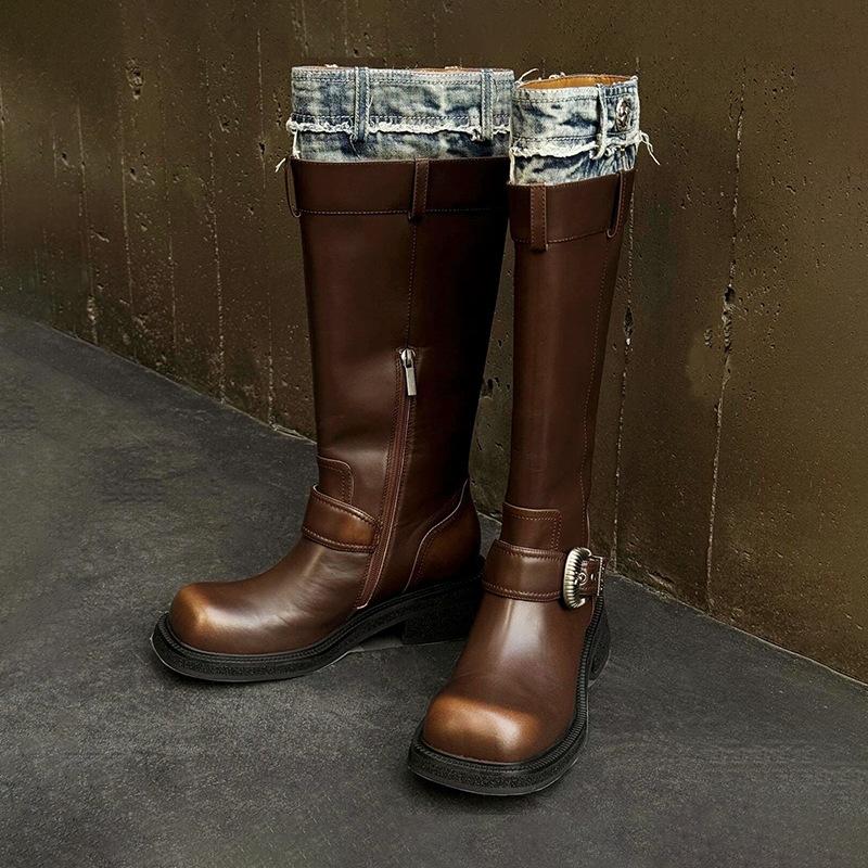 Cowhide version~ thick-soled Maillard long knight boots women's retro leather metal buckle denim locomotive western boots