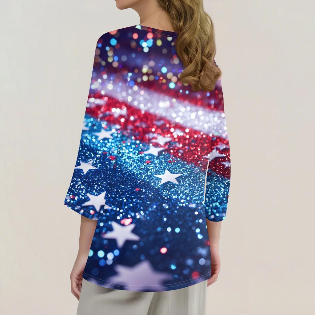 Women's T Shirt Print Button 3/4 Sleeve Daily Weekend Fashion Basic V- Neck Regular Top