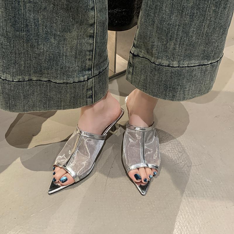 Transparent Silk Gauze Mule Slides Woman Bling Lace Mesh Pointed Toe High Heel Slipper Sandals Ladies Evening Party Pump Shoes