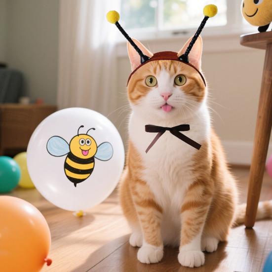 Bee Headwear with Antenna Ears Cat Dog Headpiece with Ear Holes Pet Headwear for Cats Small Dogs Bichon Festive Party Dress-up