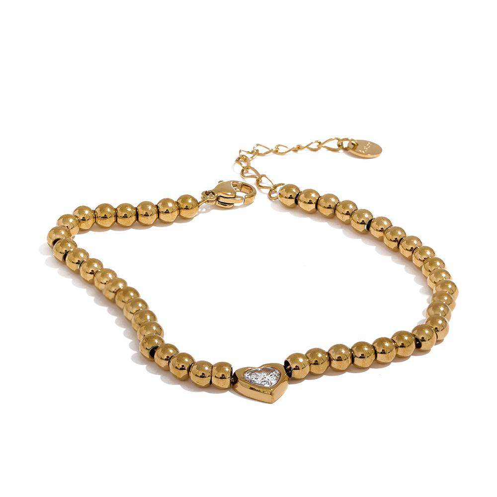 Yhpup Stainless Steel Beads Chain Heart Zircon Handmade Bracelet Bangle Gold Color Waterproof Charm Jewelry for Women Gala Gift