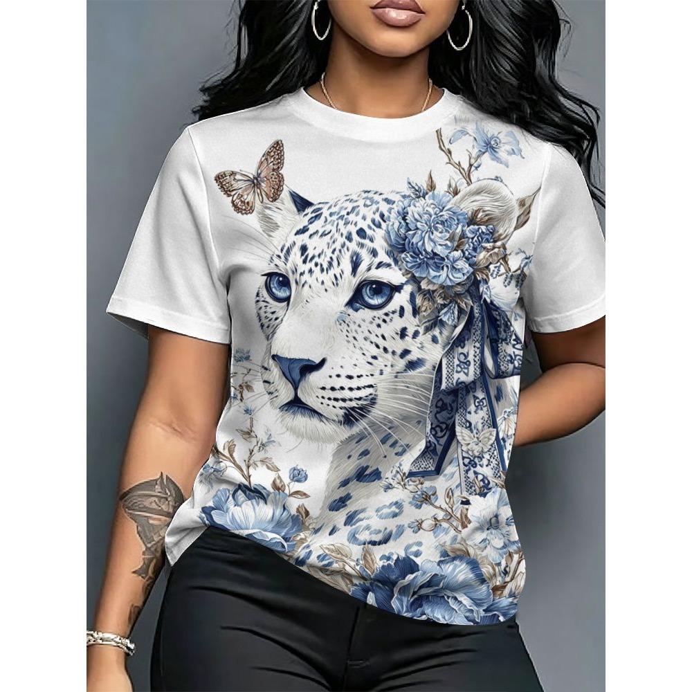 Leopard Pattern 3D Print T-Shirts Summer Women's Short Sleeve Round Neck T Shirt Harajuku Casual Tees Tops Female Clothing