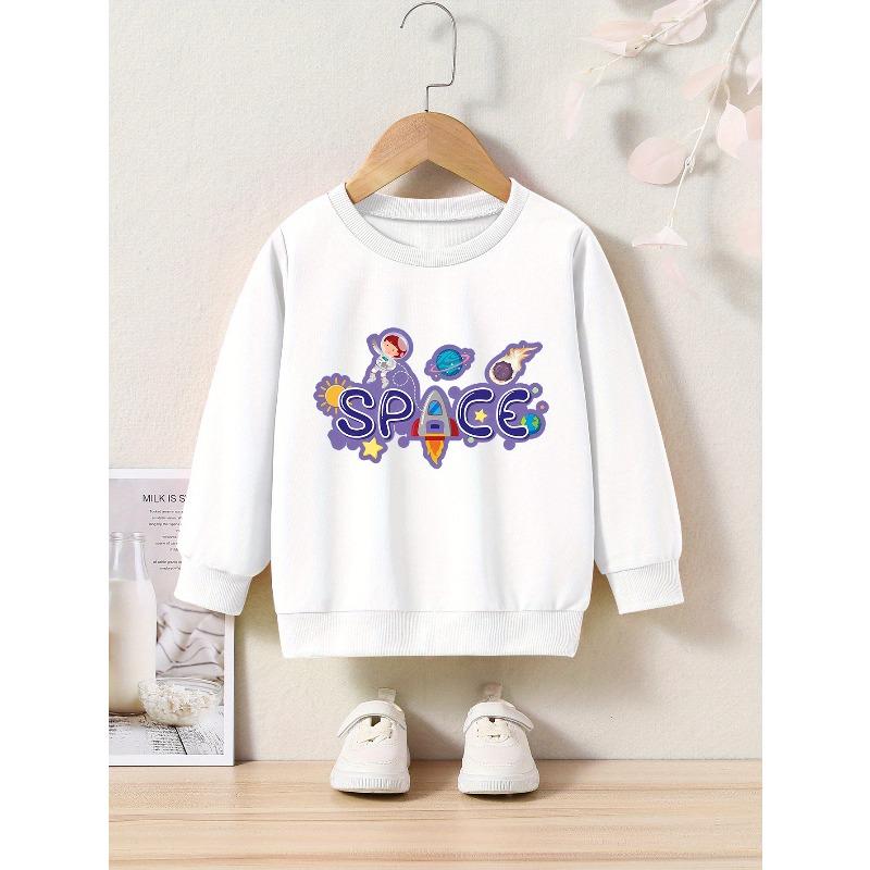 Cartoon Space Print Crew Neck Sweatshirt - Fabric Casual Active Pullover for Children - Regular Fit Applique Alphabet Pattern