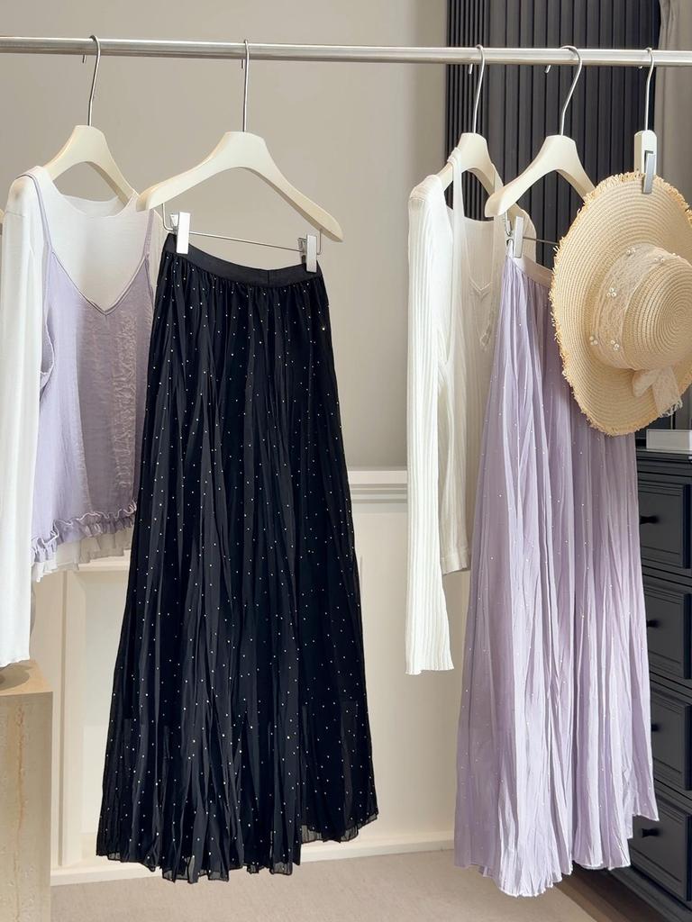 Ethereal Hot-Fix Pleated Chiffon A-Line Skirt for Women, Spring 2026 - Slimming with Large Hem Design