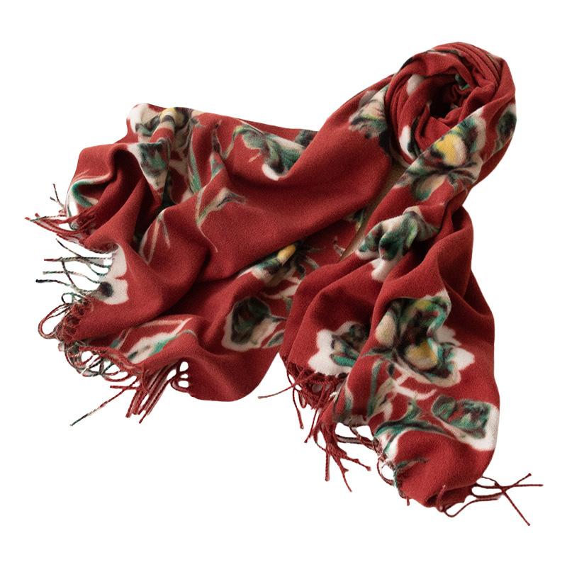 Autumn and Winter Women's Encore Red Imitation Cashmere Scarf Warm Shawl Elegant Burgundy Printed Scarf Shawl Dual Use
