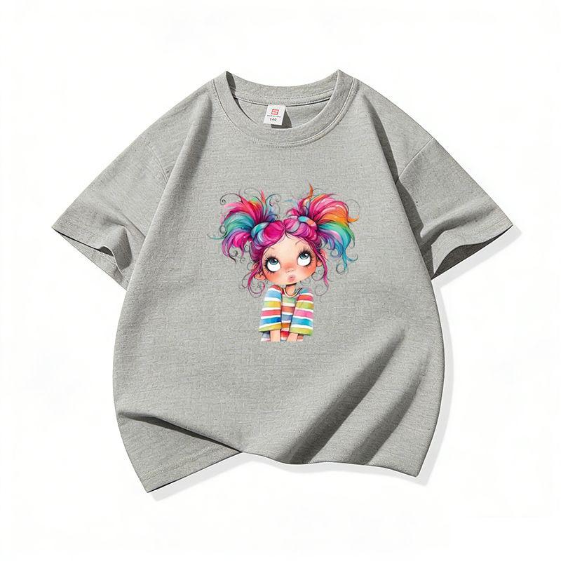 Kids Cotton T Shirt Colorful Rainbow Hair Girl Print Crew Neck Short Sleeve Tee Casual Boys Girls Summer Tops
