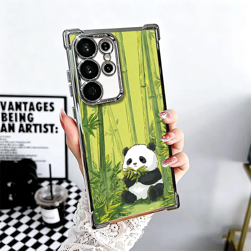 Cute Cartoon Panda Plating Phone Case For Samsung Galaxy S24 S25 FE S26 Edge S23 Ultra S22 S21 Plus S20 Anti-Fall Airabag Cover
