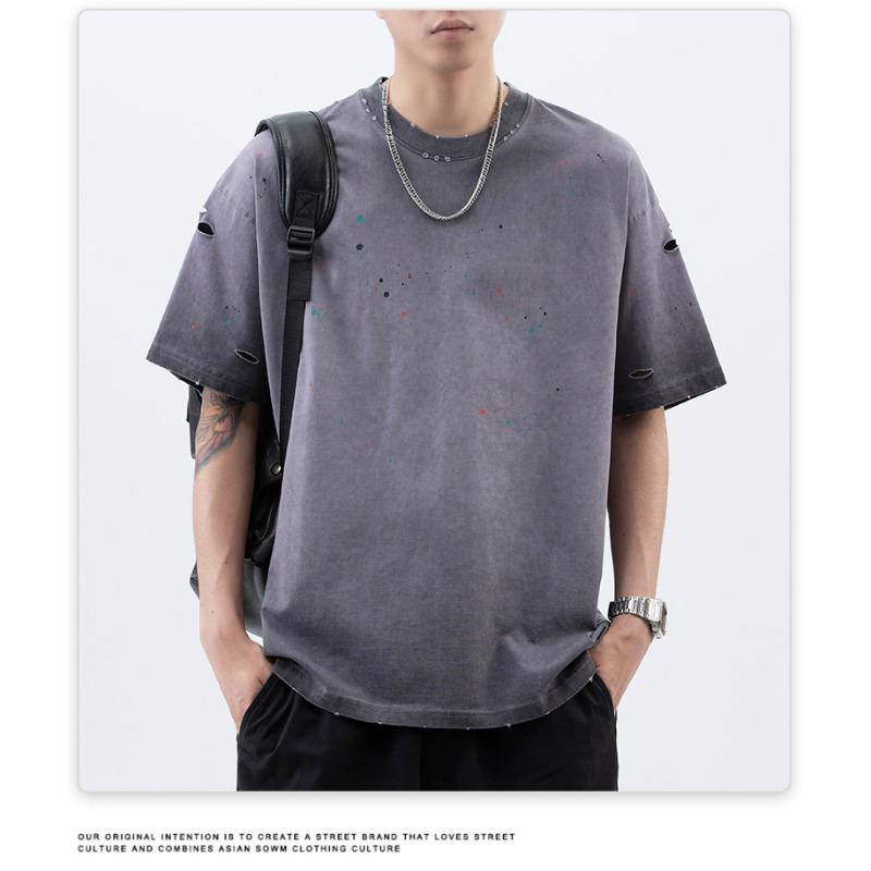 Summer American High-density Knit Loose Hand-painted Craft Men's T-shirt Short-sleeved