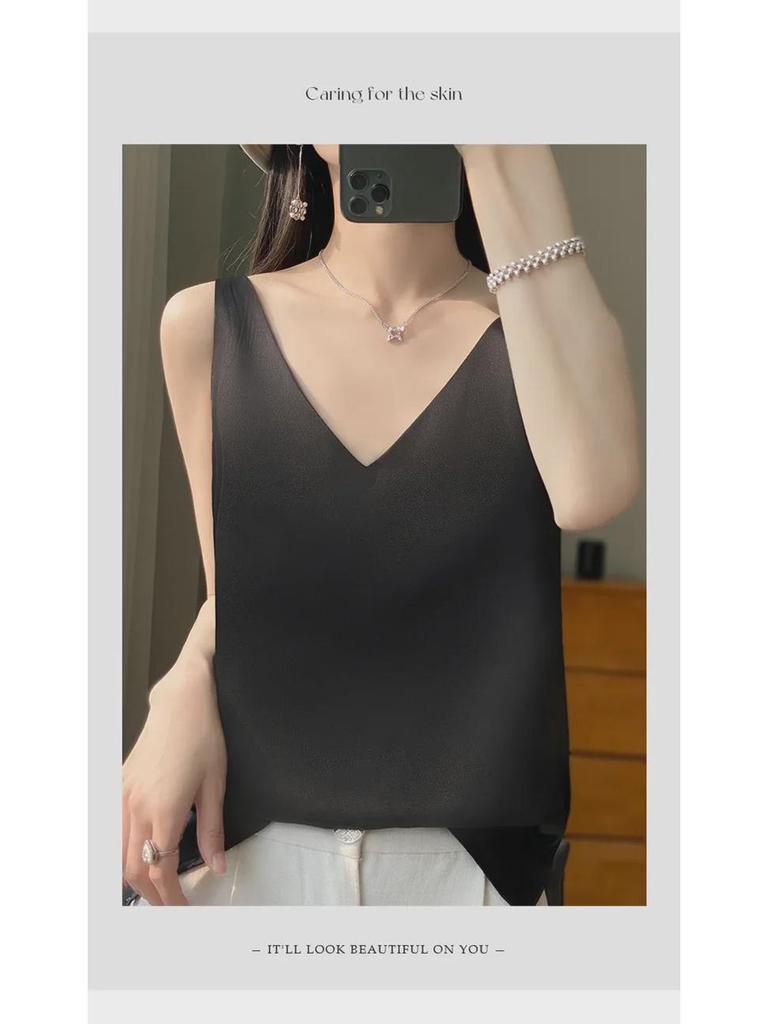 Women's Silk Satin V-Neck Camisole with Spaghetti Straps – Trendy Spring/Summer Slim Fit Inner Top