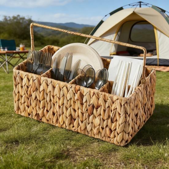 Кошик для столових приборів з 5 відділеннями Ручний плетений кошик для зберігання з ручкою Сільський органайзер для столових приборів для пікніка, барбекю, кухонної стільниці