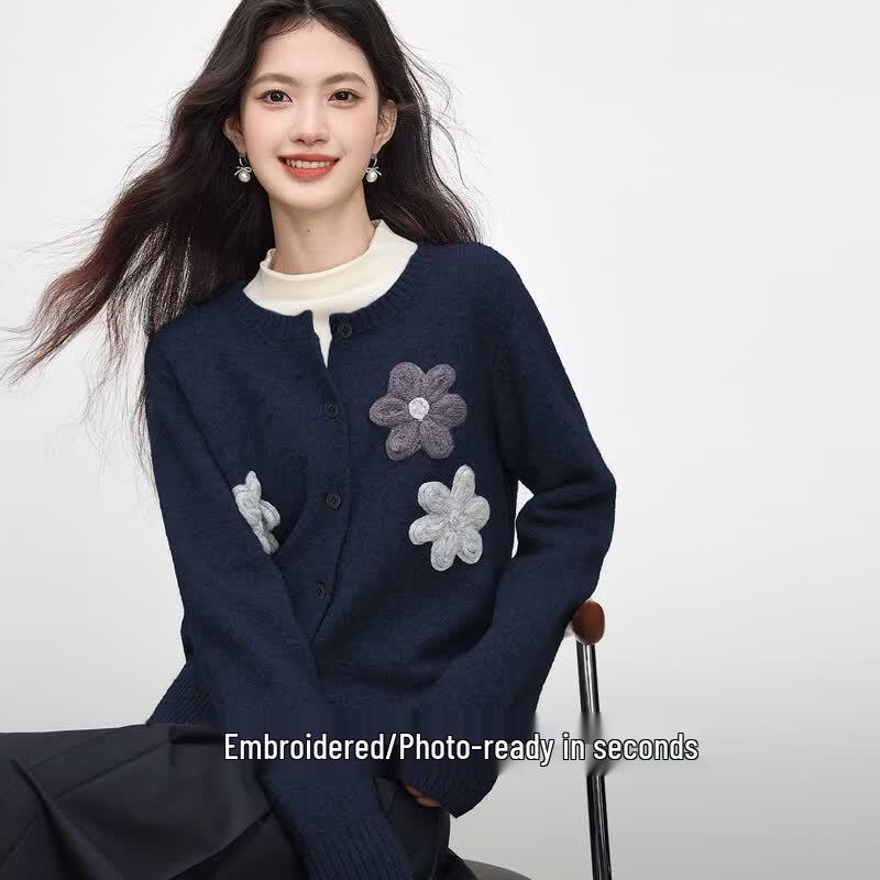 Women s 3D Floral Faux Napped Fleece Knitted Cardigan XL