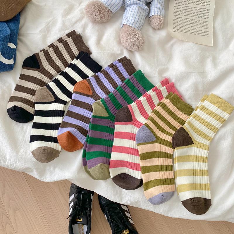 Socks Women Autumn Spring Korea Style Harajuku Street Sport Cotton Stripes Casual Skateboard Mid-tube Sock