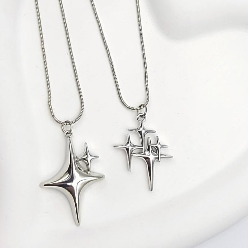 Fashion Four-Pointed Star Necklace Clavicle Chain Smooth Cross Pendant Necklace Wedding Party Jewelry for Women Girls