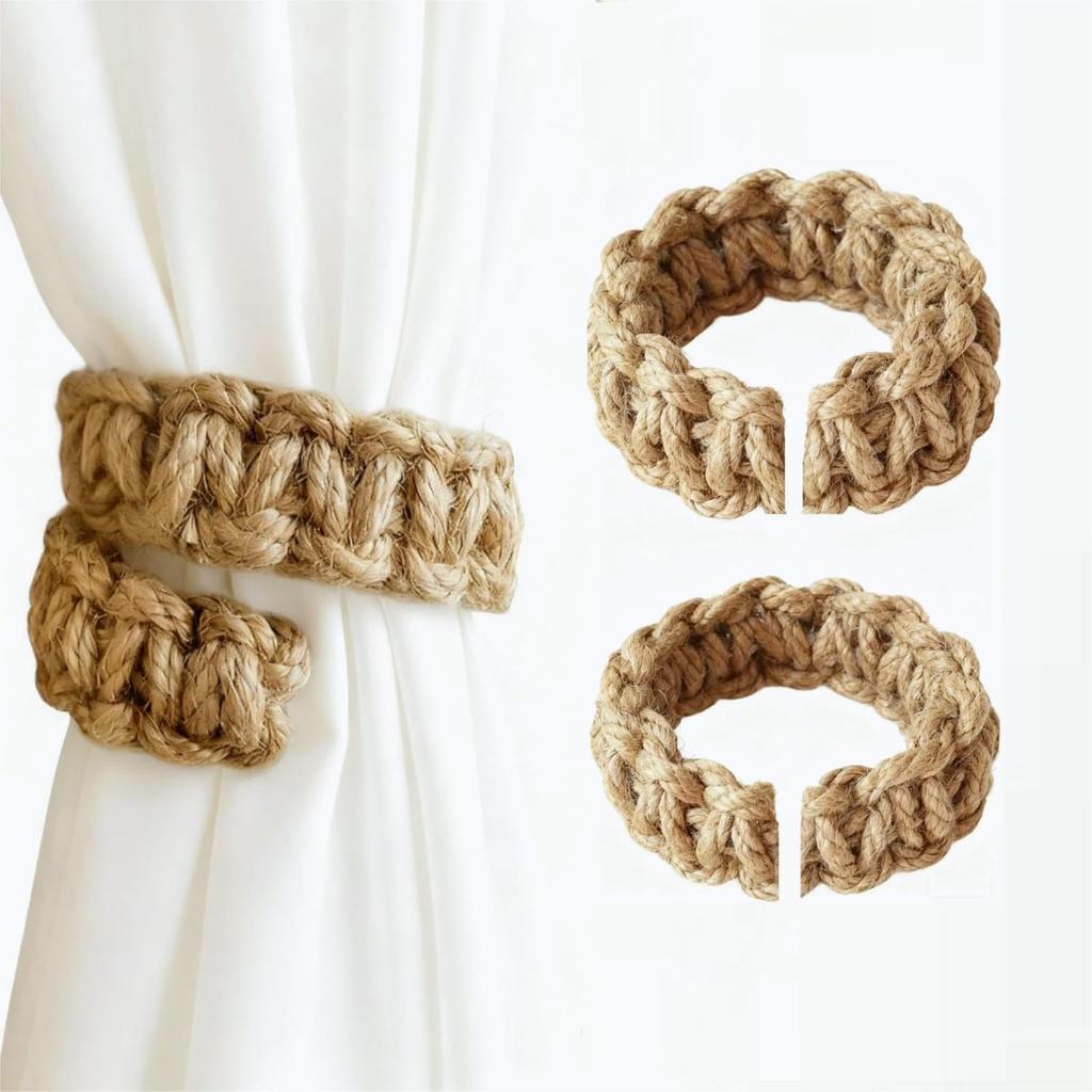 Braided Jute Curtain Tiebacks Set of 2, Rustic Curtain Tie Backs for Curta, Decorative Drapery Holdbacks Bohemian and Farmhouse Style for Lightweight