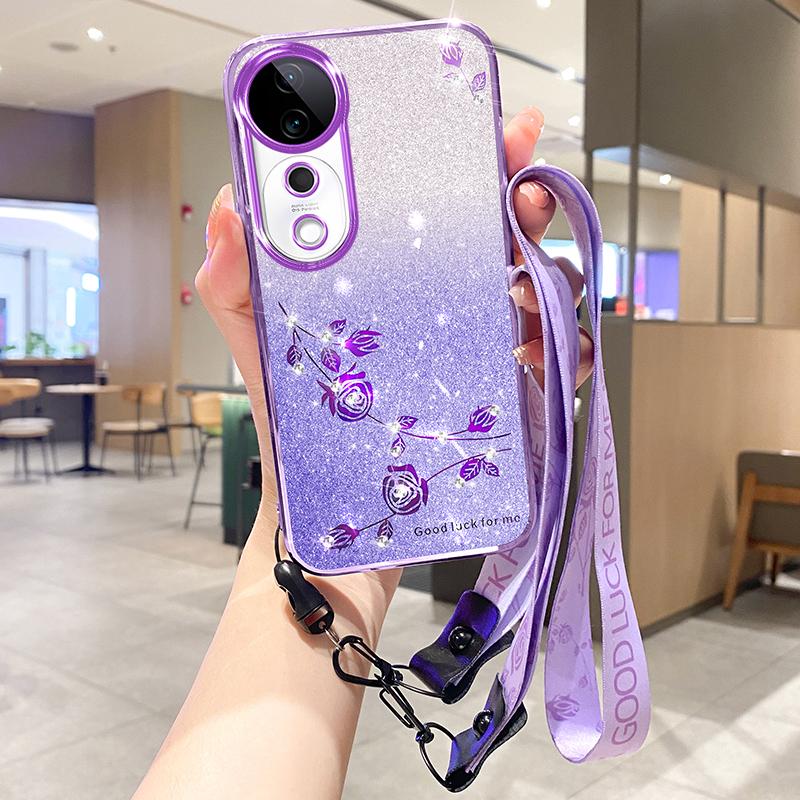 

For vivo S19 Pro 5G Case TPU Glitter Flower Phone Cover with Lanyard Purple