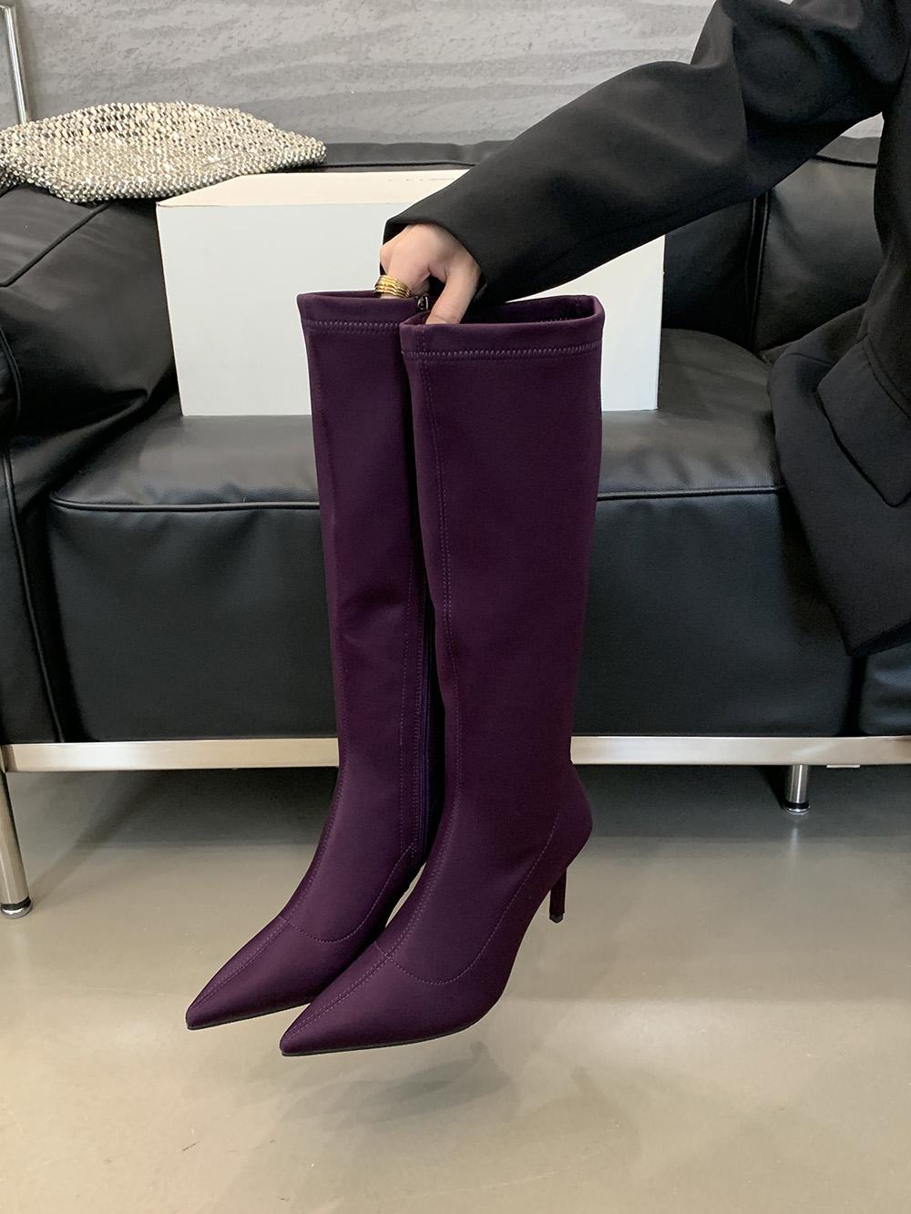 

мода Черный Фиолетовый Коричневый Женские Сапоги До Колена Челси Ботас Тонкие Высокие Каблуки Боковая Молния Вечеринка Туфли-лодочки Зимние Сапоги Женские Гладиаторы 225 фиолетовый