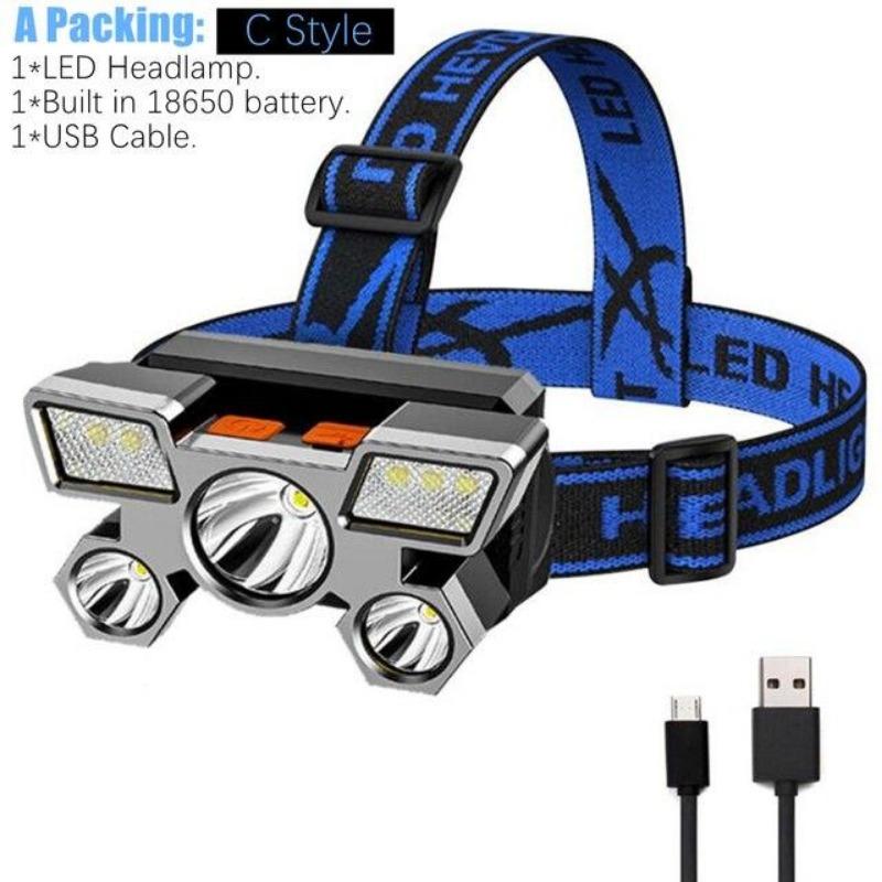 LED-Scheinwerfer, starkes Licht, superhelle Kopf-Taschenlampe, wiederaufladbar, für den Außenbereich, Nachtfischen-Scheinwerfer, 5 Lichtquellen