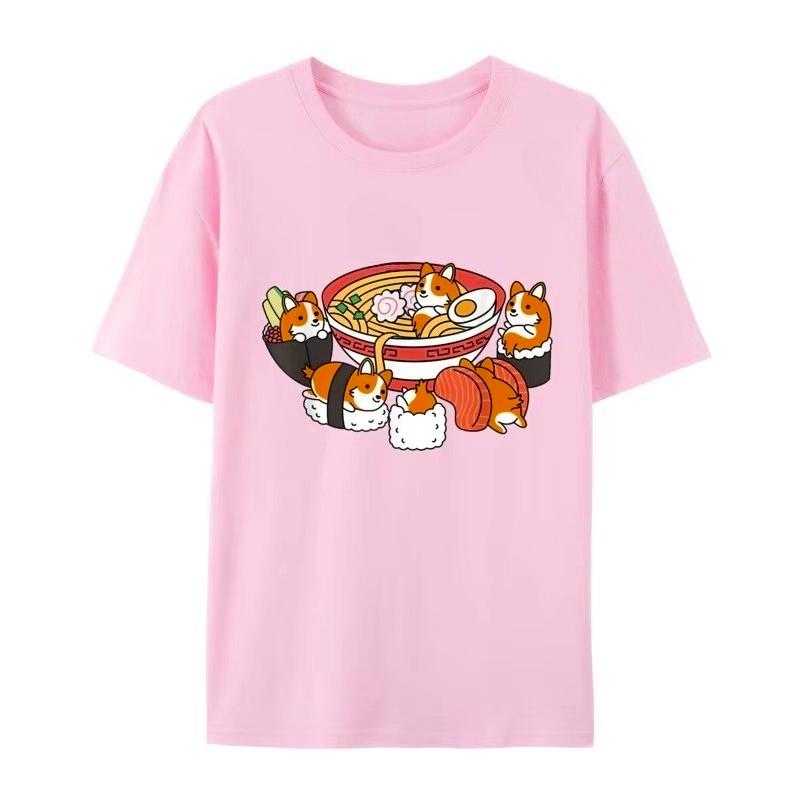 Ramen Sushi Corgi Dog Camisa Top women men T-Shirts Tees Pure Cotton Casual Tshirts Printing Boy Autumn and winter innerwear