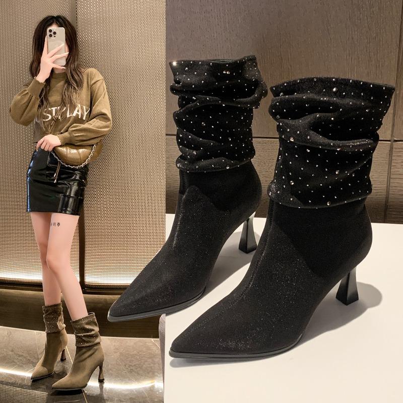Fashion Stiletto Ankle Boots for Women In Autumn and Winter New Pointed Toe Boots Sexy Star Diamond Decorated Designer Boots for Women