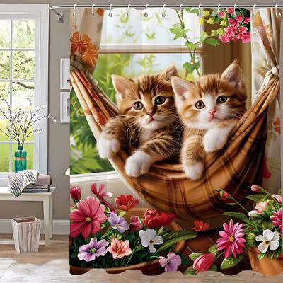 1 Piece Cute Cat In Hammock In the Garden Shower Curtain, Bathroom Curtain with Hooks,Printed Polyester Home Decorative Curtain