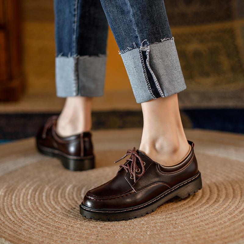 British Style Lace-Up Small Leather Shoes Women'S Versatile Platform Loafers College Retro Round Head Thick Heel Single Shoes