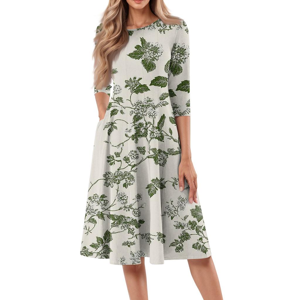 Women's Casual Fashion Round Neck Three-quarter Sleeve Floral Print Midi Dress