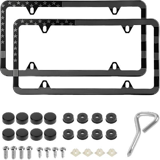 2 PCS American Flag License Plate Frames, Aluminum Patriotic USA Car Tag Holder Cover with Screws Caps, Rustproof Stars Stripes US Flag License Plate