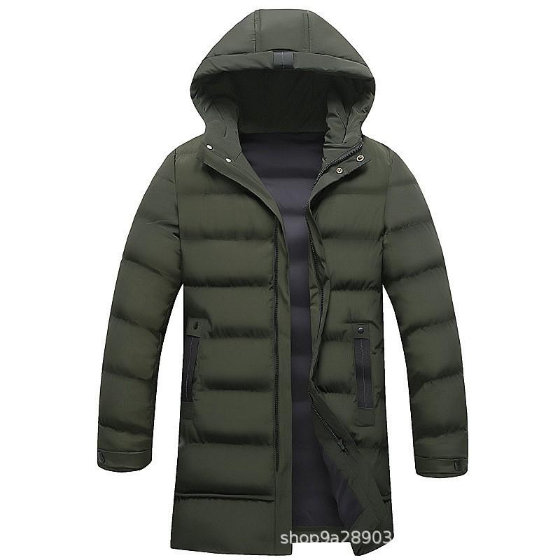 Mens Thick Hooded Cotton Puffer Jacket Mid-Length Winter Coat Casual Wear In Black Gray Army Green