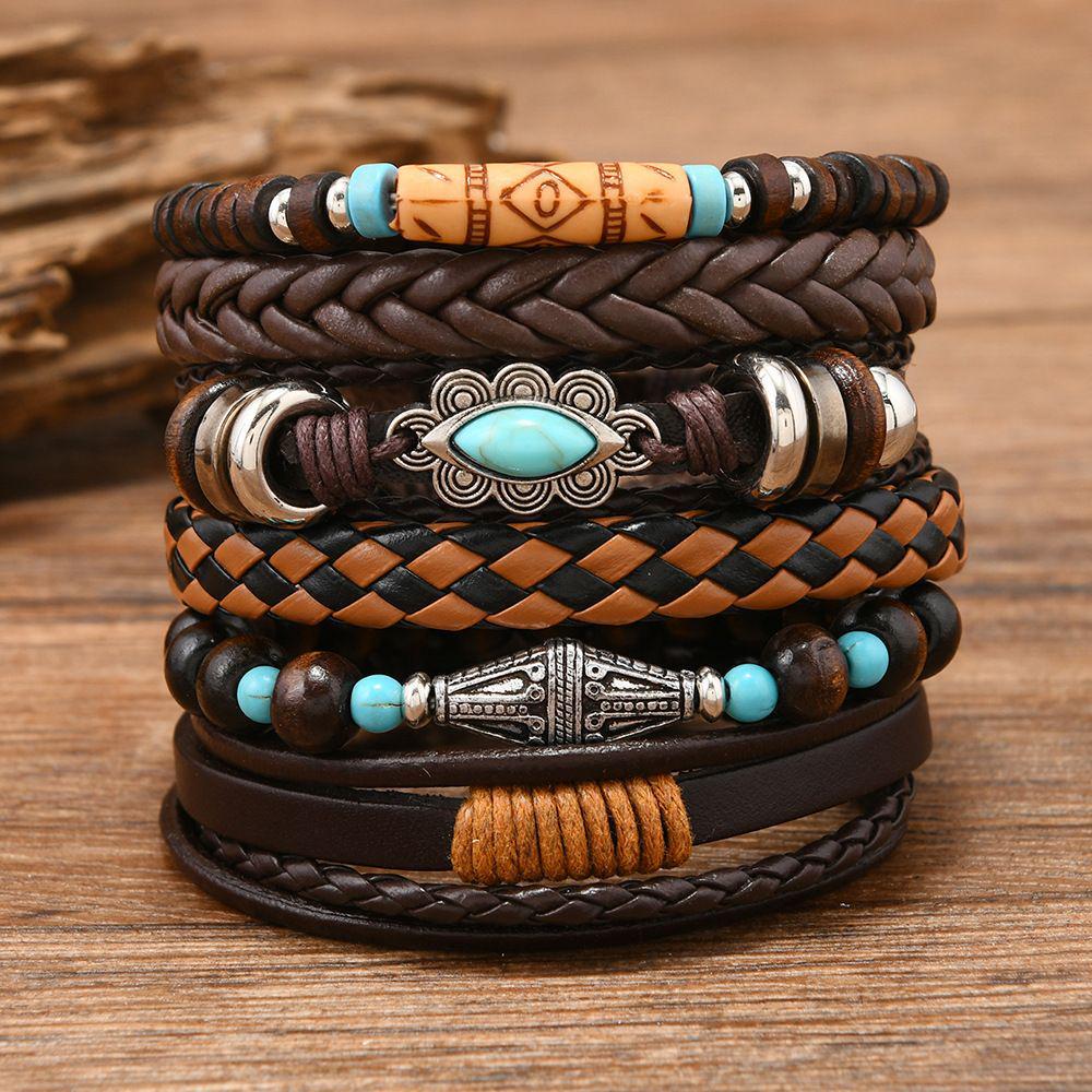 Retro European & American Men's Bracelet Set: Heart, Sunflower, Feather, Multi-Layer Design, 6-Piece