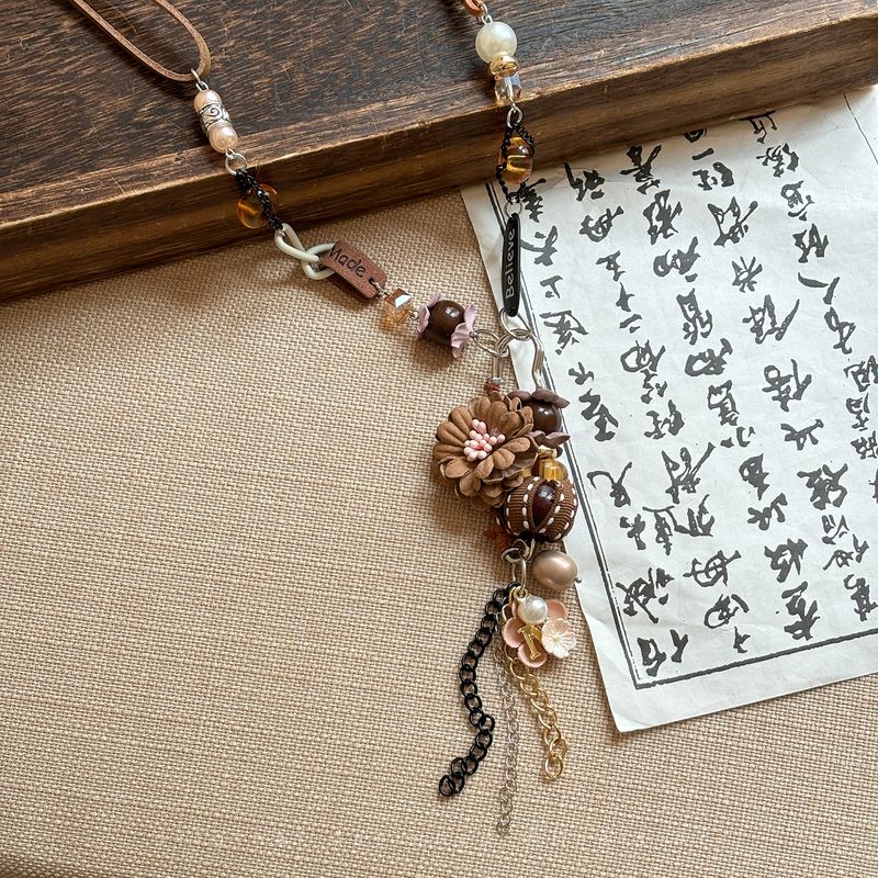 Crescent Smiling Face Wooden Ceramic Braided Rope Necklace Female Retro Ethnic Style Long Sweater Chain New Chinese Style Ornament