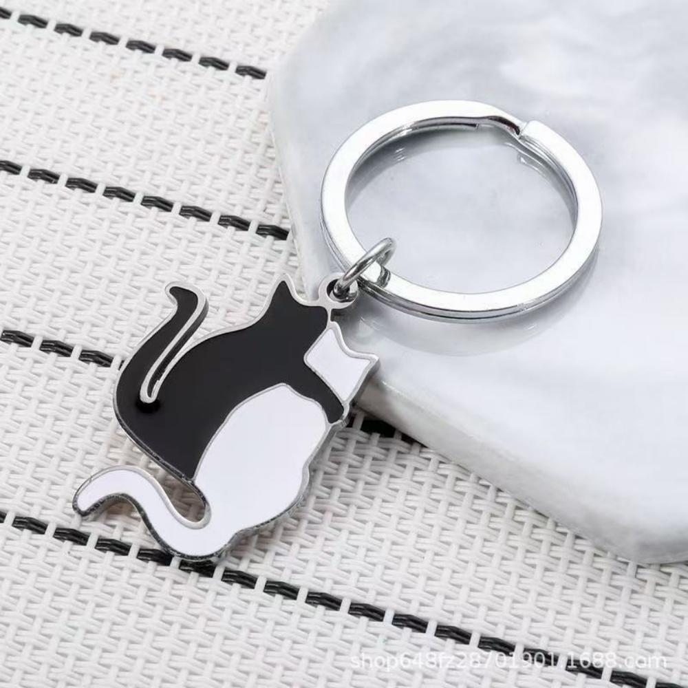 New Stainless Steel Black White Cat Pendant Keychain Necklace Trendy Versatile Punk Anime Animal Couple Jewelry Gift