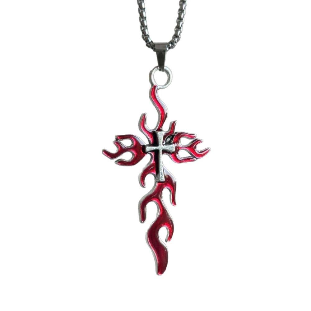 New Hip-hop Personality Red Drip Glazed Flame Sliver Color Relief Cross Pendant Necklace for Men Women Gothic Halloween Jewelry